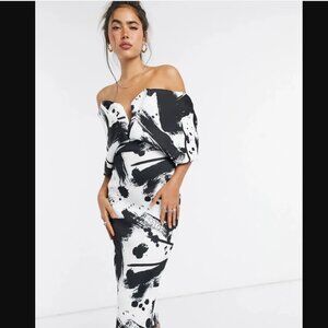 ASOS DESIGN Dress Womens 8 White Black Graphic Bow Off Shoulder Bodycon Pencil